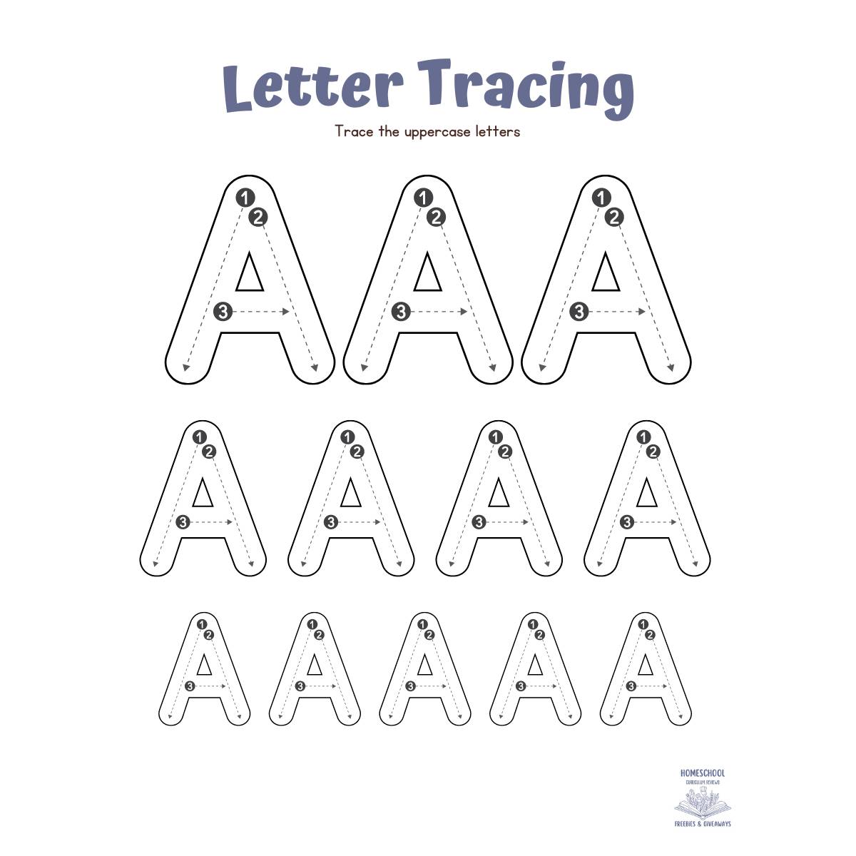 multiple uppercase letter A's ready for tracing in varying sizes to teach hand eye coordination