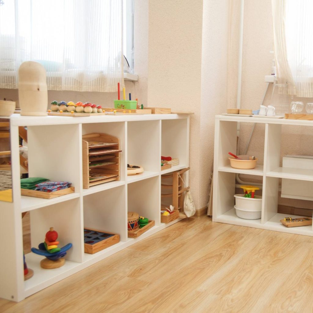 shelves with wooden toys
