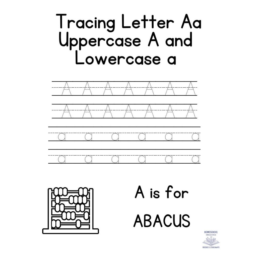 tracing letter a worksheet with lines, a colorable picture of an abacus and words a is for abacus