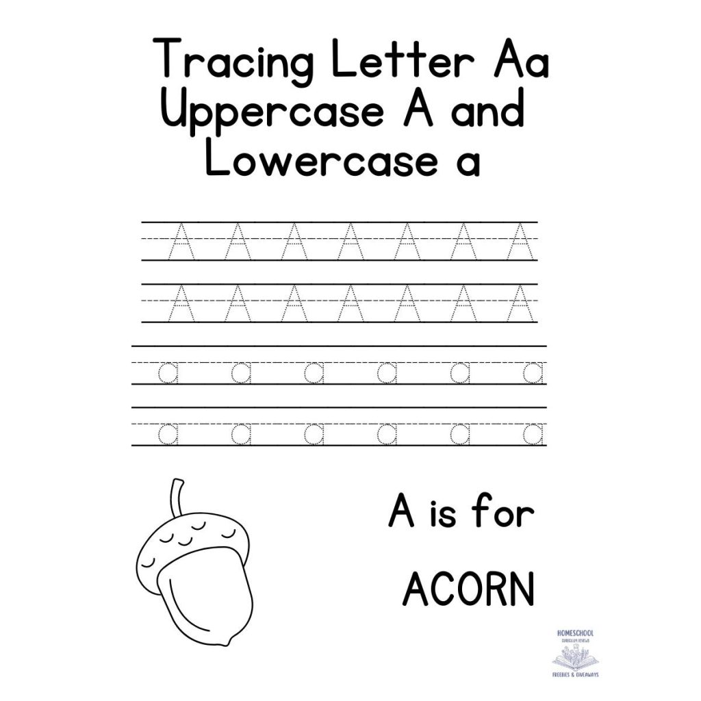 traceable uppercase and lowercase letter a's with a picture of an acorn and words a is for acorn