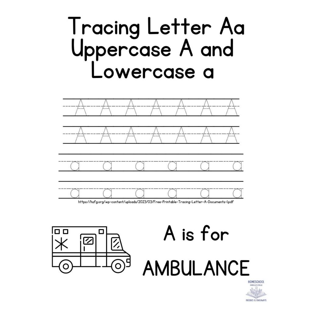 letter a tracing worksheet with words a is for ambulance and an ambulance to color