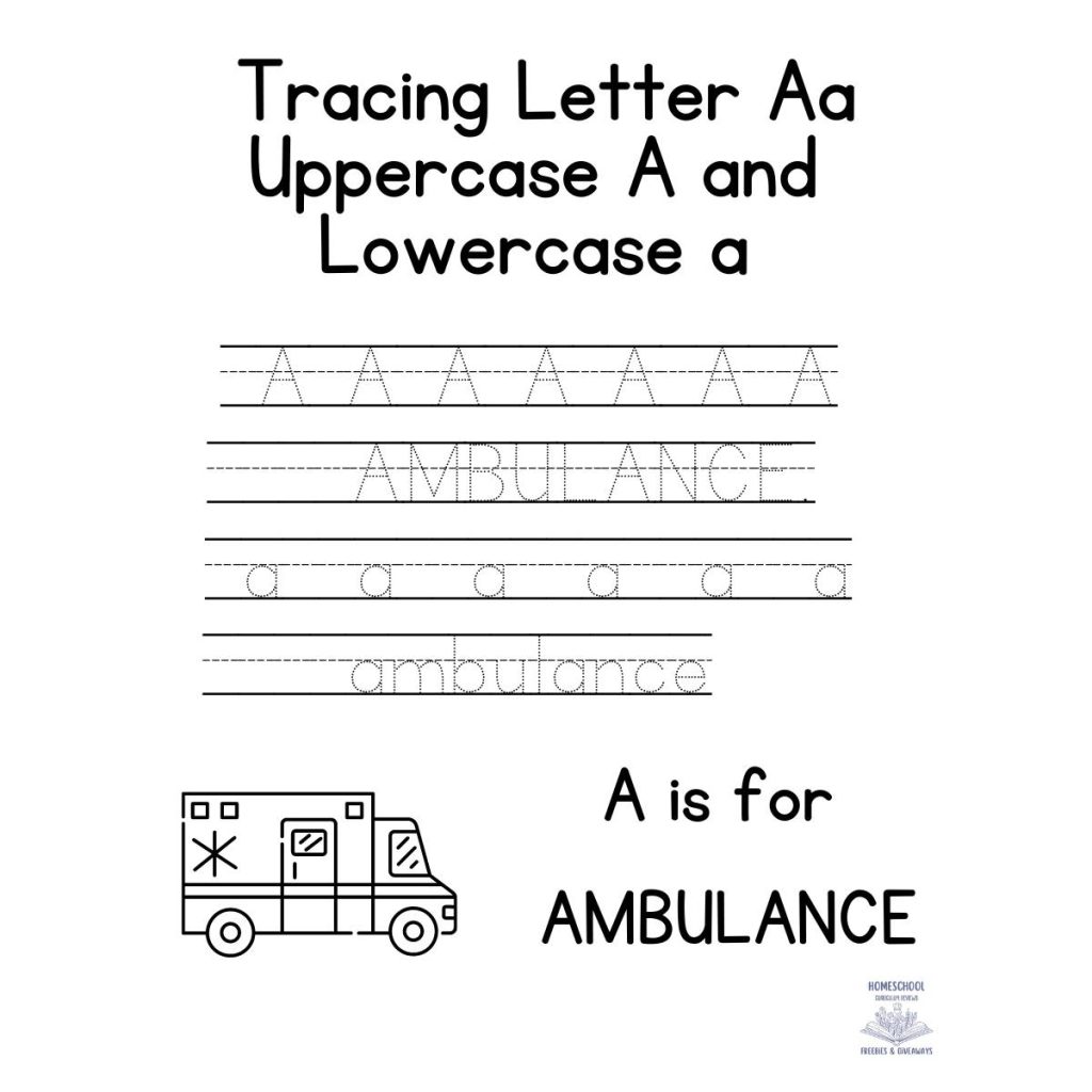 letter a tracing worksheet with traceable words a is for ambulance and an ambulance to color