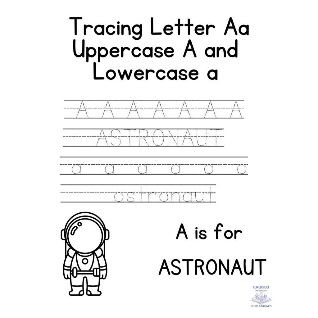 letter a tracing worksheet with the words a is for astronaut and a colorable picture of an astronaut and traceable word astronaut with lines