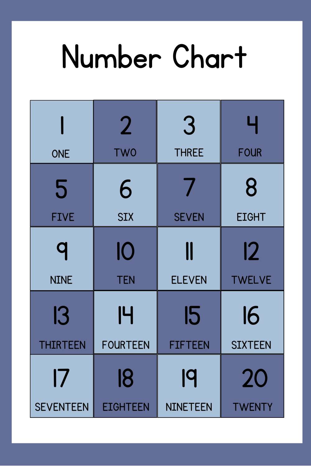 Printable number chart for numbers 1-20 with numbers and spelling for each number
