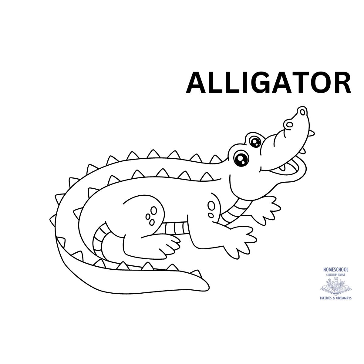 black and white picture of an alligator for coloring with the words ALLIGATOR in all caps