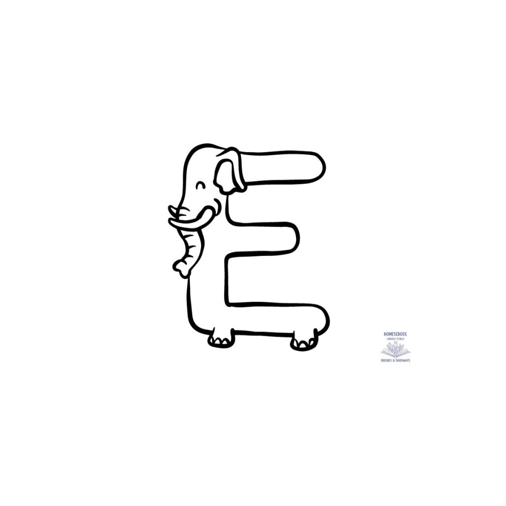 The letter E shaped like an elephant in the form of a coloring page