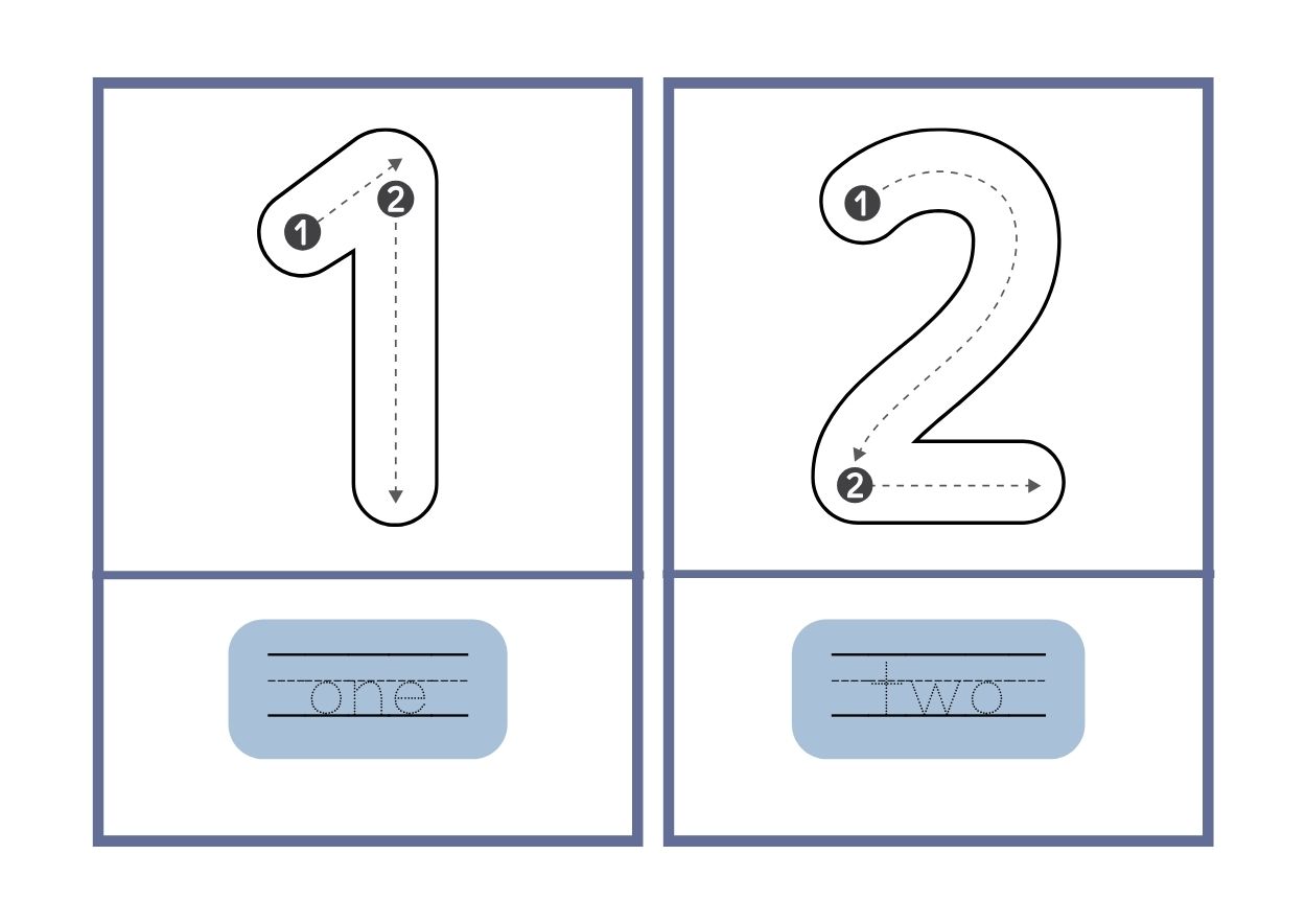 outline of numbers 1 and 2 with the spelling one and two for tracing