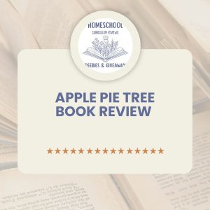 Homeschool freebies and giveaways logo with words apple pie tree book review with open books in the background