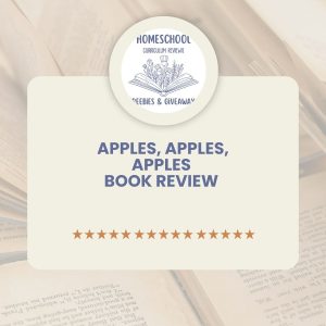 homeschool freebies and giveaways logo with words apples, apples, apples book review with open books in the background 