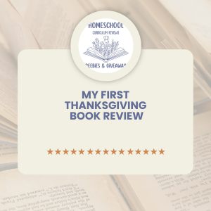 Homeschool Freebies and Giveaways Logo with words My First Thanksgiving Book By Tomie DePaola Book Review with open books in the background