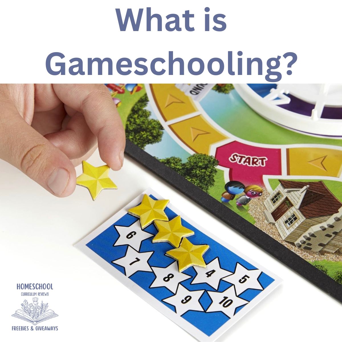 Heading that states "What is Gameschooling?" with a picture of a hand playing a board game along with homeschool freebies and giveaways logo