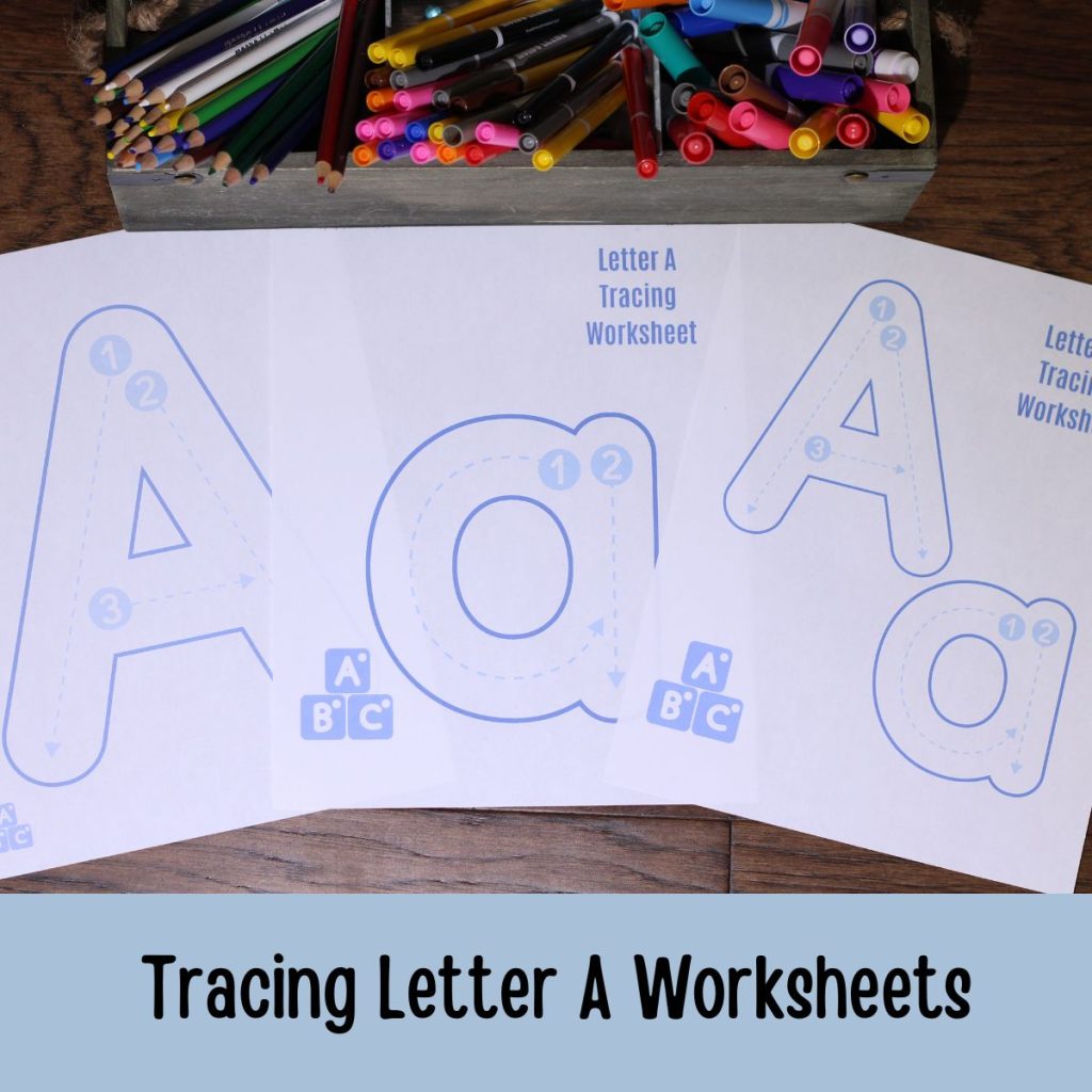 Three Tracing Letter A Worksheets with colored pencils