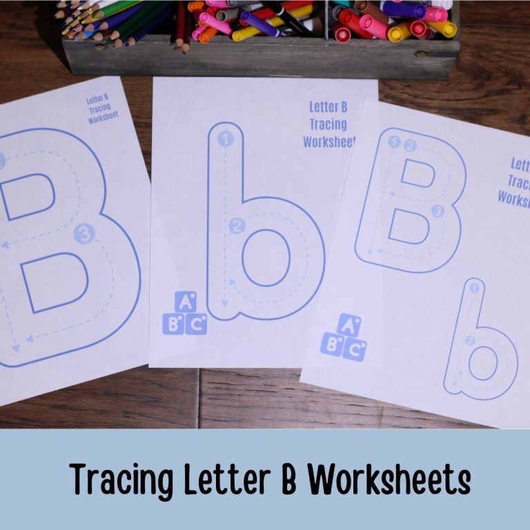 Tracing Letter B Worksheets on a wooden table with colored pencils in the background