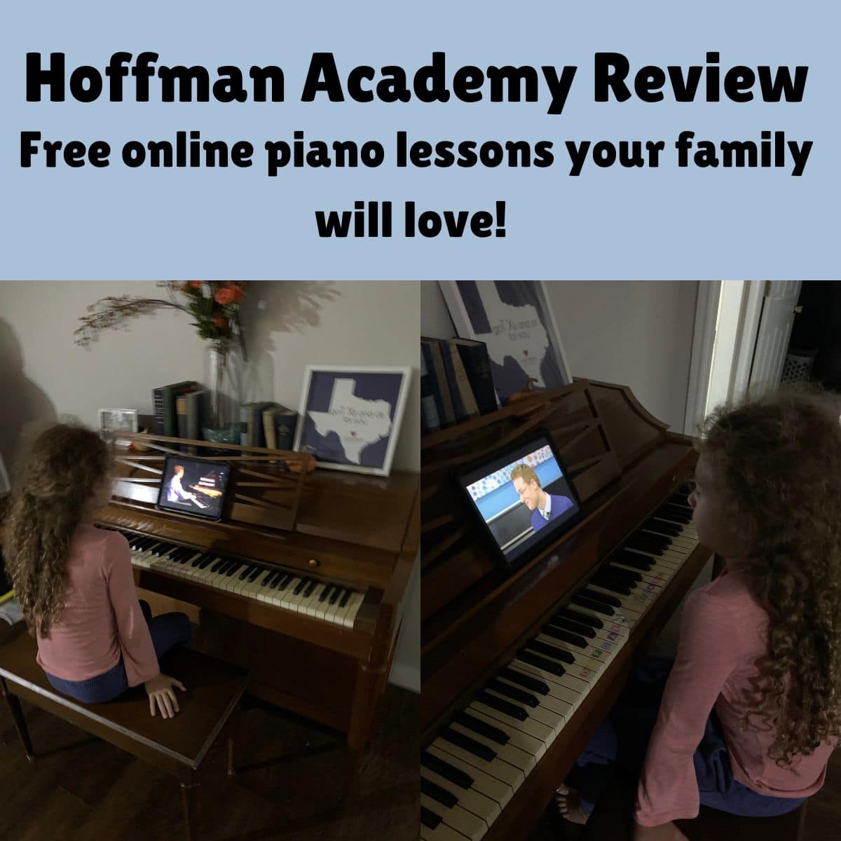 Hoffman Academy Review - photo of girl playing piano with Hoffman academy lessons on the iPad